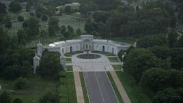 4.8K aerial stock footage of the Women in Military Service for America Memorial, Arlington National Cemetery, Virginia, twilight Aerial Stock Footage | AX76_113