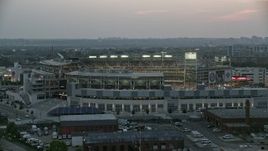 4.8K aerial stock footage flying by Nationals Park during a baseball game, Washington, D.C., twilight Aerial Stock Footage | AX76_145