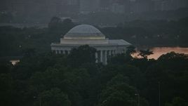 4.8K aerial stock footage flying by the Jefferson Memorial, Washington, D.C., twilight Aerial Stock Footage | AX76_148