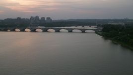 4.8K aerial stock footage approaching Arlington Memorial Bridge over the Potomac River, Washington, D.C., twilight Aerial Stock Footage | AX76_152