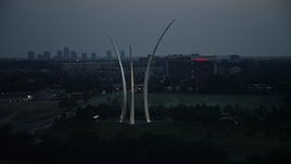 4.8K aerial stock footage orbiting the United States Air Force Memorial, Arlington, Virginia, twilight Aerial Stock Footage | AX76_187
