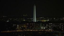 4.8K aerial stock footage approaching a bridge, office buildings, and Washington Monument, Washington, D.C., night Aerial Stock Footage | AX77_039