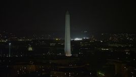 4.8K aerial stock footage of Washington Monument circled by American flags, Washington, D.C., night Aerial Stock Footage | AX77_060E