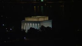 4.8K aerial stock footage of the Lincoln Memorial with Tidal Basin in the background, Washington, D.C., night Aerial Stock Footage | AX77_068