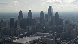 4.8K aerial stock footage of tall Downtown Philadelphia skyscrapers, Pennsylvania Aerial Stock Footage | AX79_007