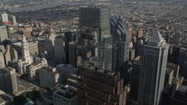 4.8K aerial stock footage of tall Downtown Philadelphia skyscrapers, Pennsylvania Aerial Stock Footage | AX79_011E