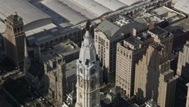 4.8K aerial stock footage William Penn statue atop Philadelphia City Hall, Pennsylvania Aerial Stock Footage | AX79_014E