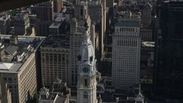 4.8K aerial stock footage orbiting William Penn statue on Philadelphia City Hall, Pennsylvania Aerial Stock Footage | AX79_016