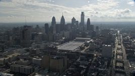 4.8K aerial stock footage approaching the Philadelphia Convention Center and the Downtown Philadelphia skyline, Pennsylvania Aerial Stock Footage | AX79_024