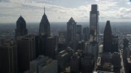 4.8K aerial stock footage approaching City Hall and tall Downtown Philadelphia skyscrapers, Pennsylvania Aerial Stock Footage | AX79_025E