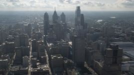 4.8K aerial stock footage of skyscrapers behind City Hall, seen from the convention center in Downtown Philadelphia, Pennsylvania Aerial Stock Footage | AX79_042