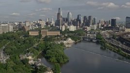 4.8K aerial stock footage of Philadelphia Museum of Art and Downtown Philadelphia skyline seen from the Schuylkill River, Pennsylvania Aerial Stock Footage | AX79_066E