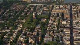 4.8K aerial stock footage of St Peter's Episcopal Church in an urban neighborhood, Philadelphia, Philadelphia, Sunset Aerial Stock Footage | AX80_020