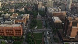 4.8K aerial stock footage approaching Independence National Historic Park and Mall near Philadelphia Mint, Philadelphia, Pennsylvania, Sunset Aerial Stock Footage | AX80_025E