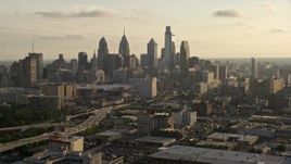 4.8K aerial stock footage of Downtown Philadelphia skyline and Pennsylvania Convention Center at Sunset Aerial Stock Footage | AX80_031