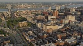 4.8K aerial stock footage flying by office buildings in Downtown Philadelphia, Pennsylvania, Sunset Aerial Stock Footage | AX80_048