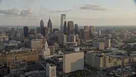 4.8K aerial stock footage of Downtown Philadelphia's high-rises and skyscrapers, Pennsylvania, Sunset Aerial Stock Footage | AX80_049E
