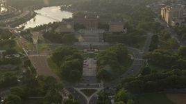 4.8K aerial stock footage approaching the fountain in The Oval park and Philadelphia Museum of Art, Pennsylvania Sunset Aerial Stock Footage | AX80_062E