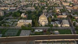 4.8K aerial stock footage approaching and tilting to Ukrainian Cathedral Church, North Philadelphia, Pennsylvania Sunset Aerial Stock Footage | AX80_071