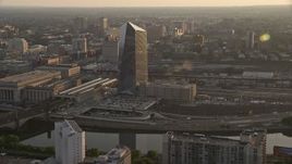 4.8K aerial stock footage approaching Cira Centre in West Philadelphia, Pennsylvania, Sunset Aerial Stock Footage | AX80_083