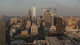 4.8K aerial stock footage video of Downtown Philadelphia skyscrapers, Pennsylvania, Sunset Aerial Stock Footage | AX80_086
