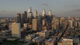 4.8K aerial stock footage of skyscrapers and high-rises in Downtown Philadelphia, Pennsylvania, Sunset Aerial Stock Footage | AX80_087
