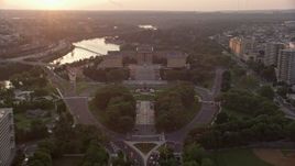 4.8K aerial stock footage tilting from Logan Square to reveal Philadelphia Museum of Art, Pennsylvania, Sunset Aerial Stock Footage | AX80_120E