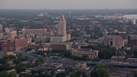 4.8K aerial stock footage of Camden County City Hall and US District Court in Camden, New Jersey, Sunset Aerial Stock Footage | AX80_135