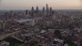 4.8K aerial stock footage of Downtown Philadelphia skyline, Pennsylvania Convention Center, and I-676, Pennsylvania, Sunset Aerial Stock Footage | AX80_155