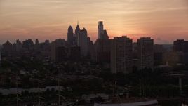 4.8K aerial stock footage of the skyline of Downtown Philadelphia, Pennsylvania at Sunset Aerial Stock Footage | AX80_160