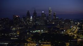 4.8K aerial stock footage of Downtown Philadelphia skyline, Pennsylvania, Night Aerial Stock Footage | AX81_010E