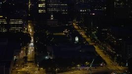 4.8K aerial stock footage of Independence Hall at the end of Independence Mall in Philadelphia, Pennsylvania, Night Aerial Stock Footage | AX81_012