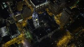4.8K aerial stock footage of a bird's eye view of Philadelphia City Hall, Pennsylvania, Night Aerial Stock Footage | AX81_055