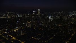 4.8K aerial stock footage approach Downtown Philadelphia skyscrapers from south of the city, Pennsylvania, Night Aerial Stock Footage | AX81_061E