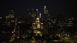 4.8K aerial stock footage of the Downtown Philadelphia skyline, reveal Customs House and historic ship, Pennsylvania, Night Aerial Stock Footage | AX81_090E