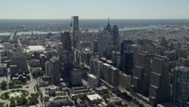 4.8K aerial stock footage flying by Downtown Philadelphia high-rises and skyscrapers, Pennsylvania Aerial Stock Footage | AX82_011