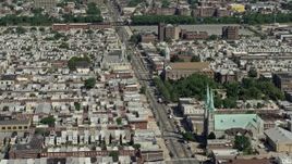 4.8K aerial stock footage of churches in a urban neighborhood, North Philadelphia, Pennsylvania Aerial Stock Footage | AX82_028E