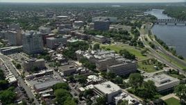 4.8K aerial stock footage of New Jersey State House, Trenton War Memorial, park, and office buildings, Trenton, New Jersey Aerial Stock Footage | AX82_066