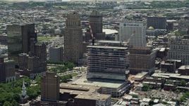 4.8K aerial stock footage of Downtown skyscrapers and high-rises, Prudential Tower under construction, Newark, New Jersey Aerial Stock Footage | AX83_082