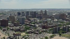 4.8K aerial stock footage flying by high-rises in Downtown Newark, New Jersey Aerial Stock Footage | AX83_096
