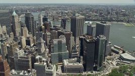 4.8K aerial stock footage tilting to skyscrapers in Lower Manhattan, New York City Aerial Stock Footage | AX83_161