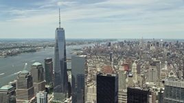 4.8K aerial stock footage of One World Trade Center and the Hudson River in Lower Manhattan, New York City Aerial Stock Footage | AX83_162