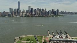 4.8K aerial stock footage of Lower Manhattan skyline seen from Liberty State Park, New York City Aerial Stock Footage | AX83_171