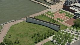 4.8K aerial stock footage orbiting Empty Sky Memorial in Liberty State Park, Jersey City, New Jersey Aerial Stock Footage | AX83_172