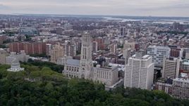 4K aerial stock footage flying by Riverside Church, Morningside Heights, New York City Aerial Stock Footage | AX84_035E