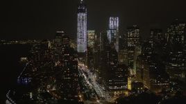 4K aerial stock footage of Freedom Tower, World Trade Center, Lower Manhattan, New York, New York, night Aerial Stock Footage | AX85_013