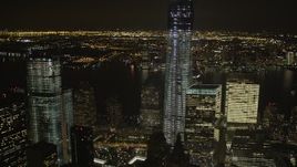 4K aerial stock footage of Freedom Tower, World Trade Center, Lower Manhattan, New York, New York, night Aerial Stock Footage | AX85_017
