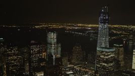 4K aerial stock footage Flying by World Trade Center, Lower Manhattan, New York, New York, night Aerial Stock Footage | AX85_018