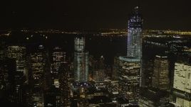 4K aerial stock footage Flying by World Trade Center, Lower Manhattan, New York, New York, night Aerial Stock Footage | AX85_019