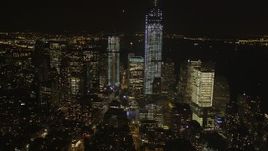 4K aerial stock footage of Freedom Tower, World Trade Center, Lower Manhattan, New York, New York, night Aerial Stock Footage | AX85_020
